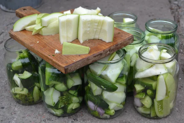 Pepper. Homemade food. Natural products from the garden. Village, cottage. Marinated Cucumbers and zucchini