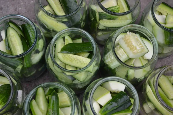 Homemade food. Natural products. Tasty. Blanks. Marinated Cucumbers and zucchini