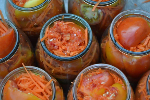 Natural Products Garden Homemade Blanks Winter Marinated Tomatoes Grated Carrot — 스톡 사진