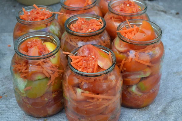 Preservation Grated Carrot Red Yellow Tomatoes Jars — 스톡 사진