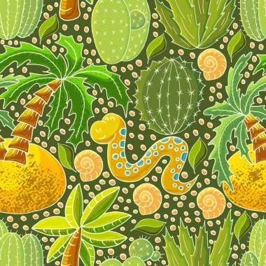 Kusursuz botanik çizimi. Çeşitli kaktüslerin tropikal deseni, aloe. Palmiye ağaçları, kabuklar, çiçek açan egzotik bitkiler, yılan