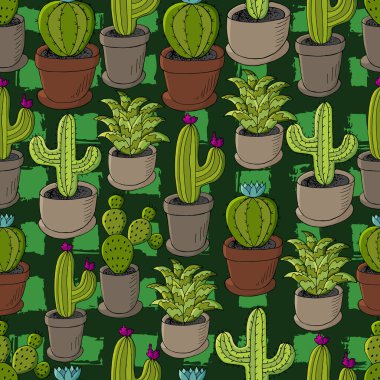Farklı kaktüslerin kusursuz deseni. Saksıların şirin vektör arkaplanı. Yeşil renkli tropik duvar kağıdı. Moda resmi, botanik illüstrasyon