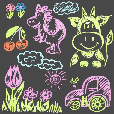 Gri arkaplanda renkli tebeşirle çizilmiş sevimli çocuksu bir resim. Pastel tebeşir ya da kalem karalama stili vektörü. İnek, dinozor, çiçek, traktör