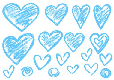 Beyaz arka planda balmumu boya kalemleri olan sevimli çocuksu çizimler. Pastel tebeşir ya da kalem karalama stili vektörü. Karalama kalpler seti