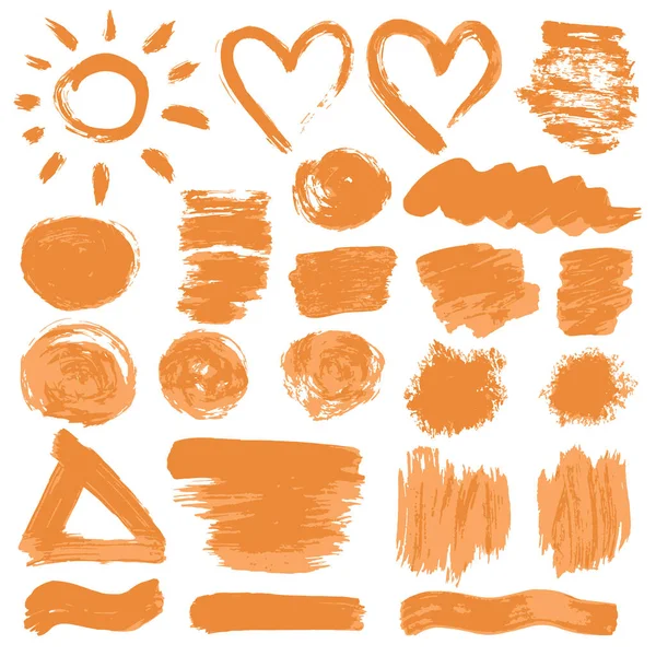 Collection Peinture Orange Encre Coups Pinceau Pinceaux Lignes Grungy Ondes — Image vectorielle