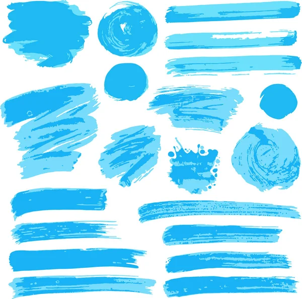 Collection Peinture Bleue Encre Coups Pinceau Pinceaux Lignes Grungy Ondes — Image vectorielle