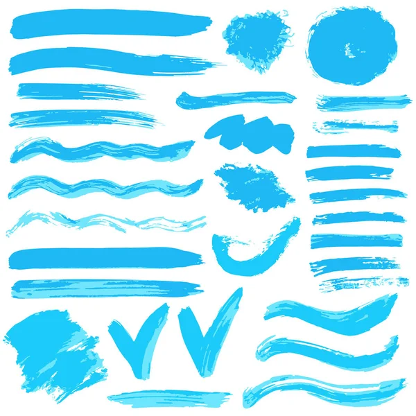 Collection Peinture Bleue Encre Coups Pinceau Pinceaux Lignes Grungy Vagues — Image vectorielle
