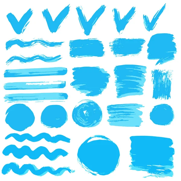 Kolekcja Niebieskiej Farby Atramentu Pociągnięć Pędzla Pędzli Linii Grungy Fale — Wektor stockowy