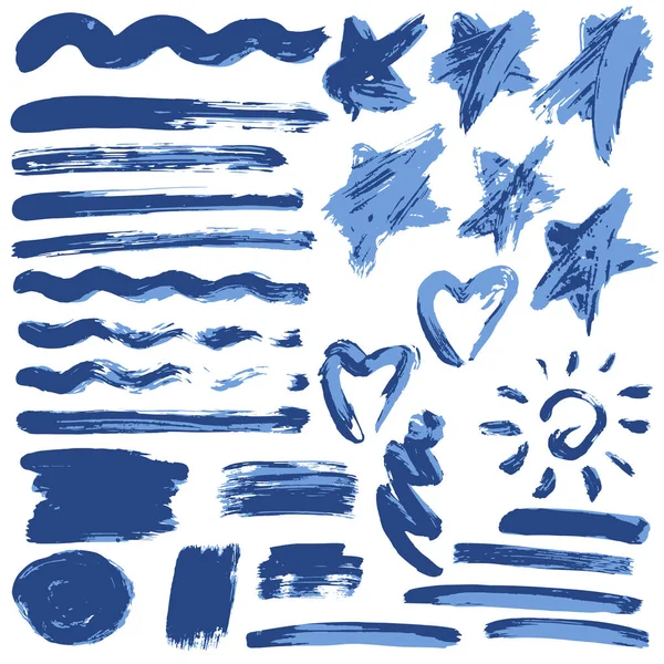 Collection Peinture Bleue Encre Coups Pinceau Brosses Lignes Grungy Vagues — Image vectorielle