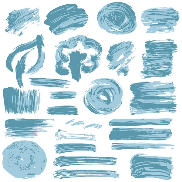 Collection Peinture Bleue Encre Traits Pinceau Brosses Lignes Grungy Cercles — Image vectorielle