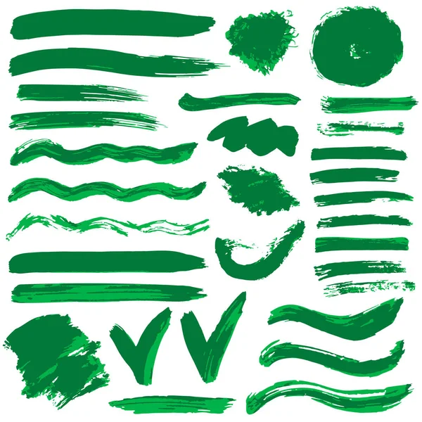 Collection Peinture Verte Encre Coups Pinceau Brosses Lignes Grungy Vagues — Image vectorielle