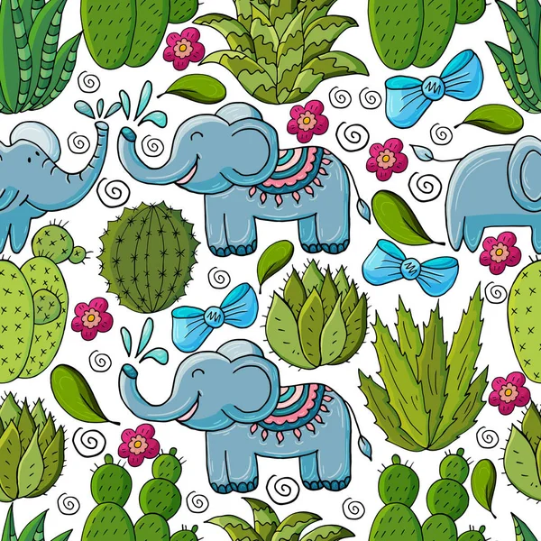 Seamless botanical illustration. Tropical pattern of various cacti, aloe. Elephants, bows, flowering exotic plants