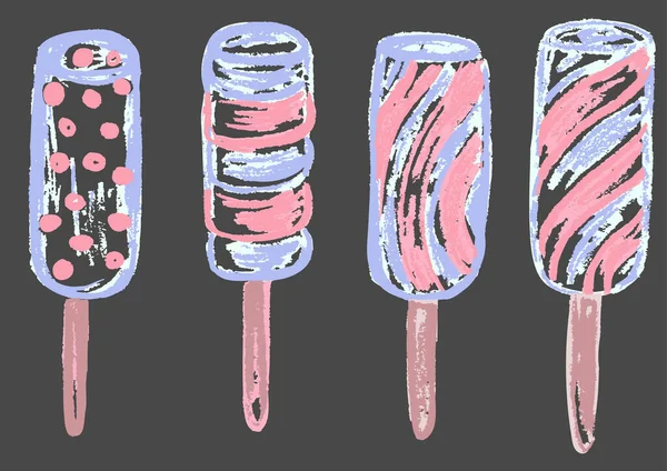 グレーの背景に色付きのチョークでかわいい子供っぽい絵 パステルチョークや鉛筆面白いドアスタイルのベクトル 夏の冷たいお菓子のセット アイスクリーム アイス アイス — ストックベクタ