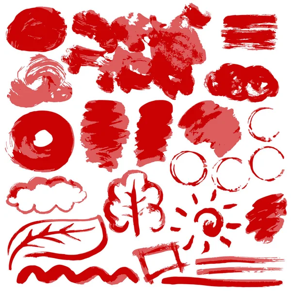 Coleção Tinta Vermelha Tinta Pinceladas Pincéis Linhas Grungy Ondas Elementos —  Vetores de Stock