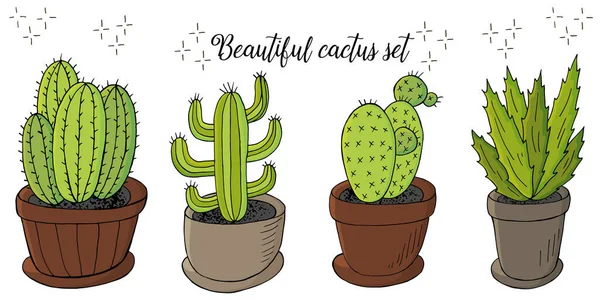 Linda Ilustración Vectorial Conjunto Imágenes Dibujos Animados Cactus Macetas Cactus — Vector de stock