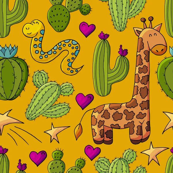 Bezproblemowa Ilustracja Botaniczna Tropikalny Wzór Różnych Kaktusów Aloesu Egzotycznych Zwierząt — Wektor stockowy