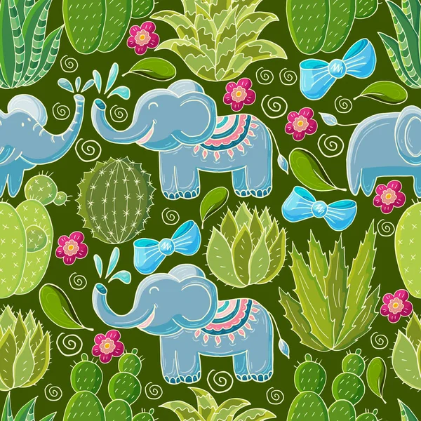 Seamless Botanical Illustration Tropical Pattern Various Cacti Aloe Elephants Flowering — Stock Vector