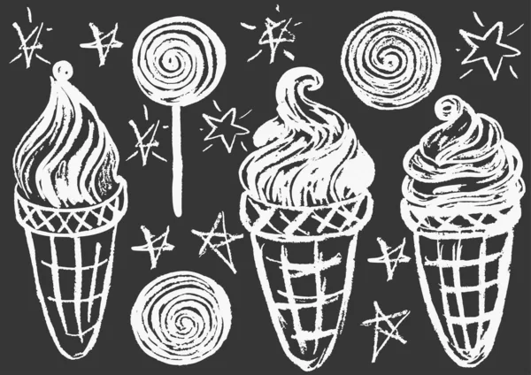 Cute childish drawing with white chalk on blackboard. Pastel chalk or pencil funny doodle style vector. Set of summer cold sweets. Ice cream, popsicle, waffle, candy