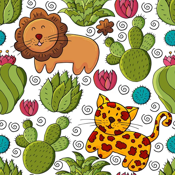 Seamless botanical illustration. Tropical pattern of different cacti, aloe, exotic animals. Lion, leopard, colorful flowers