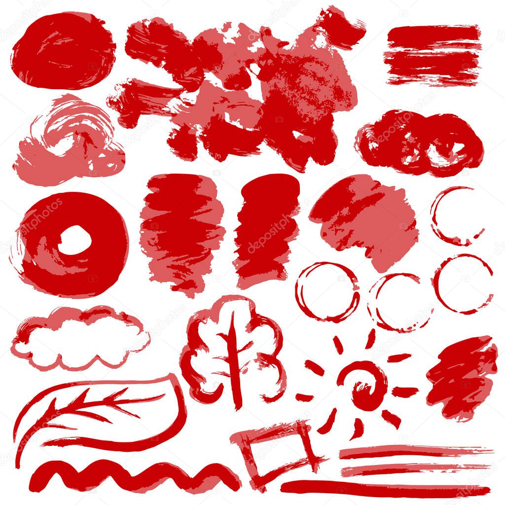 Collection of red ink, ink, brush strokes, brushes, lines, grungy. Waves, Messy decoration elements, boxes, frames Vector illustration Isolated over white background