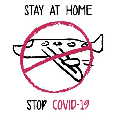 Balmumu renkli çocuk çizimleri. Sadece evde kal. Coronavirus salgını, kendini izole etme, sağlık hizmetleri, koruma. COVID-19 koronavirüsünü önlemek için seyahat etmeyi bırak. COVID-19 'u engelle