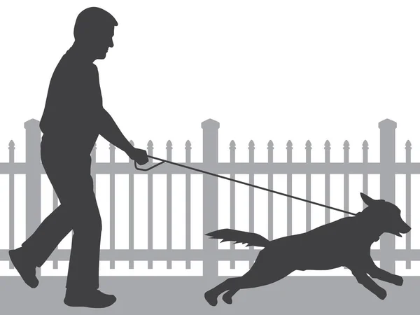 Mann läuft Hund in Silhouette — Stockvektor