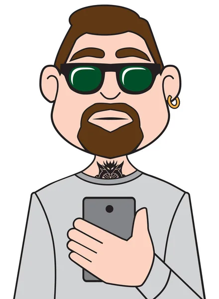 Hombre barbudo en el teléfono celular — Vector de stock