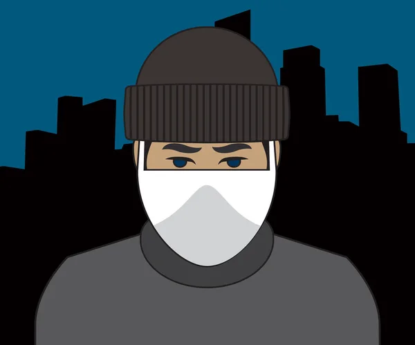 Dessinateur Portant Masque Protecteur Marche Dans Une Ville Nuit — Image vectorielle