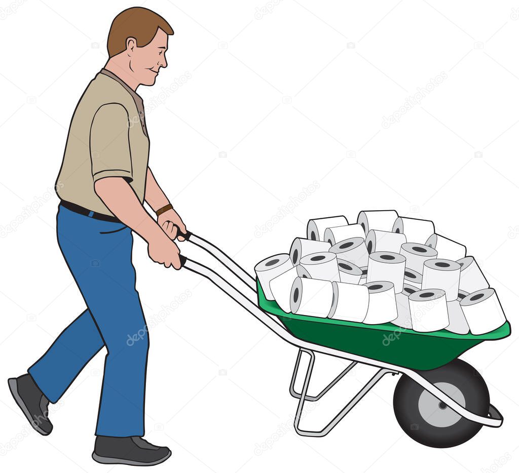 A happy man is wheeling a load of toilet paper in a wheelbarrow