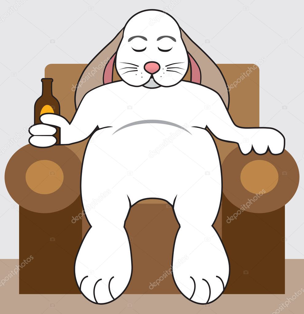A cartoon rabbit holding a beer is asleep in his easy chair