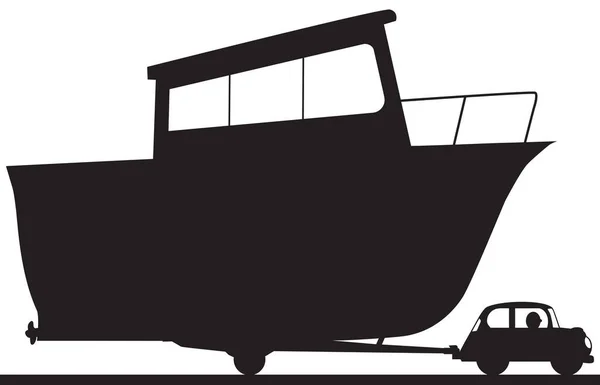 Une Petite Voiture Dessin Animé Remorque Énorme Bateau Silhouette — Image vectorielle