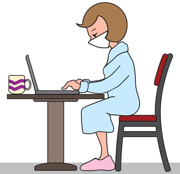 Cartoon Woman Her Bathrobe Wearing Face Mask Working Her Laptop — Stock Vector