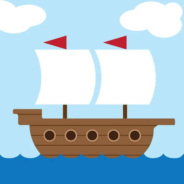 Ancient Flat Vector Cartoon Ship Sailing Water — Stock Vector