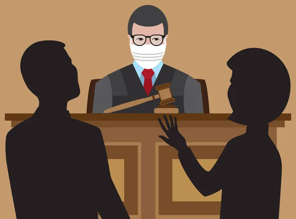 Juge Avec Masque Protecteur Écoute Deux Avocats Argumenter Leurs Cas — Image vectorielle