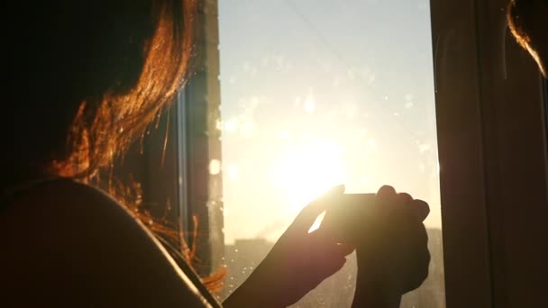 Schreiben Sie eine Nachricht am Telefon im Sonnenuntergang, Zeitlupe — Stockvideo