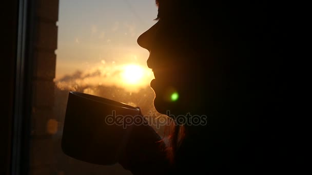 Disfrute chica una taza de deliciosa bebida caliente al atardecer fuera de la ventana, cámara lenta. 1920x1080 — Vídeos de Stock