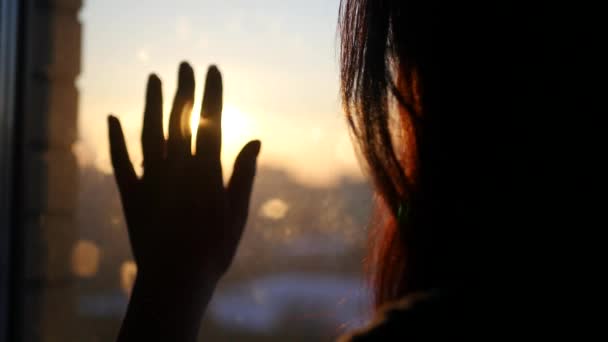 Mano de una joven lleva en el vidrio, tratando de tocar el declive urbano y la captura de los rayos del sol, 4k, 3840x2160 — Vídeo de stock