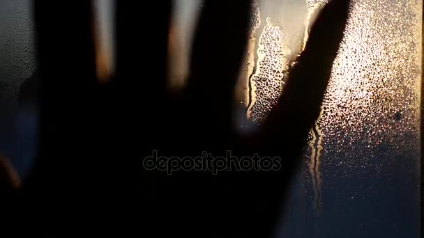 Kvinnlig hand vill röra vid solnedgången, smörjande droppar på glaset. HD, 1920 x 1080. — Stockvideo