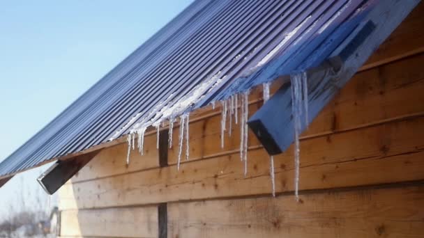 Belos icicles no telhado de uma casa de madeira estão escondidos no sol da primavera. HD, 1920x1080. LOW MOTION . — Vídeo de Stock