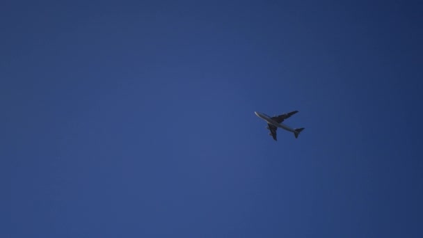 A large passenger plane flew over the blue clear sky. 4k, 3840x2160 — Stock Video