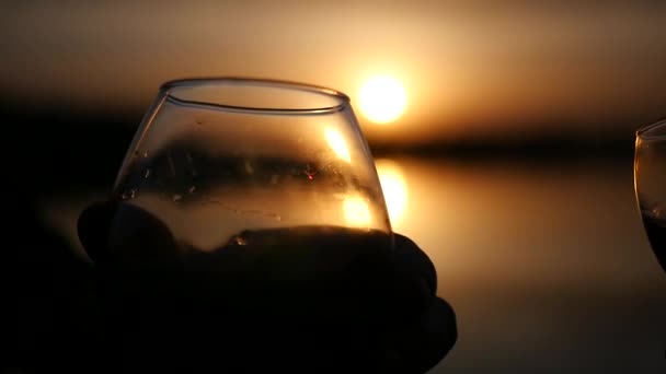 Друзья на природе на фоне моря и золотого заката празднуют, проверяют со стеклянными стаканами с вином и алкоголем. Замедление. 1920x1080 — стоковое видео