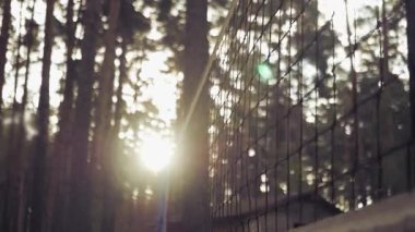 Voleybol net orman ve gün batımının arka planı karşı grev. Ağır çekim. HD, 1920 x 1080.