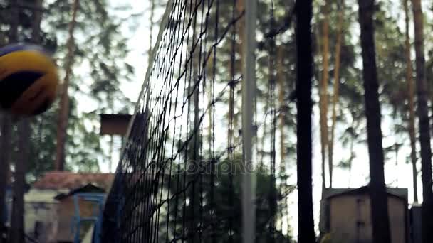 Volleyboll blå gula bollen slår mot nätet på domstolen i skogen. Slow Motion. HD, 1920 x 1080. — Stockvideo