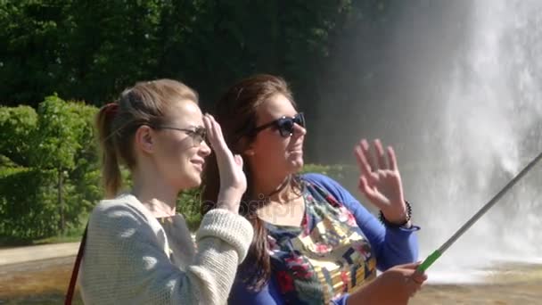 Girlfriends talking on a video call waving their hands at the screen in a green park near the fountain. slow motion. 1920x1080. full hd — Stock Video