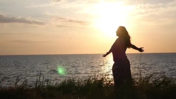 Η κοπέλα απολαμβάνει τη ζωή και το ηλιοβασίλεμα δίπλα στη θάλασσα στον τομέα, θέτει τα χέρια προς τα πάνω. 4k, 3840 x 2160. HD — Αρχείο Βίντεο
