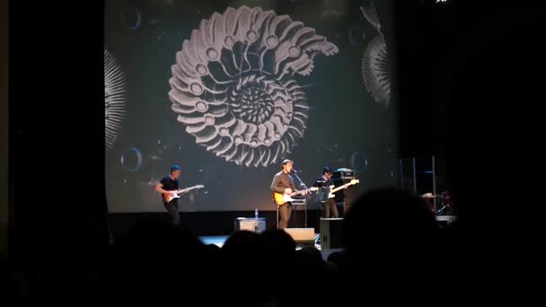 10.08.2017 Novosibirsk, Institut Penelitian Akademi Ilmu Pengetahuan Rusia, konser band Nautilus Pompilius. Penyanyi berdiri di atas panggung dan memainkan gitar, disertai dengan band-nya . — Stok Video