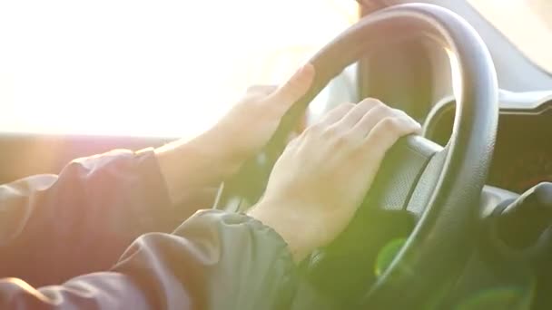 Κρατήστε τα χέρια σας στο τιμόνι, αυτοκίνητο, το αυτοκίνητο στο ηλιοβασίλεμα, με τρεμοπαίζει ακτίνες πίσω από τα δέντρα. slowmotion, Hd, 1920 x 1080 — Αρχείο Βίντεο