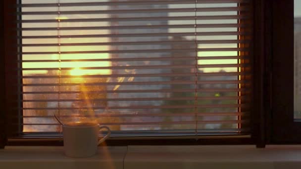 Der Dampf qualmt in einer Tasse heißen Tees, die auf einem Fenstersims neben einem Fenster mit Blick auf die Stadt und einem schönen Sonnenuntergang steht. hd, 1920x1080. Zeitlupe. — Stockvideo