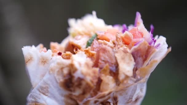 ピタパン、肉や野菜のクローズ アップで美味しいジューシーな shawarma。Hd 1920 x 1080、スローモーション — ストック動画