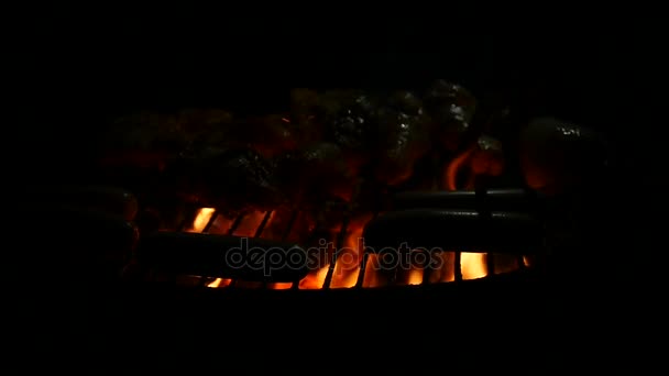 Açık bir yangın lezzetli lezzetli ızgara sosis. ağır çekim, 1920 x 1080, tam hd — Stok video